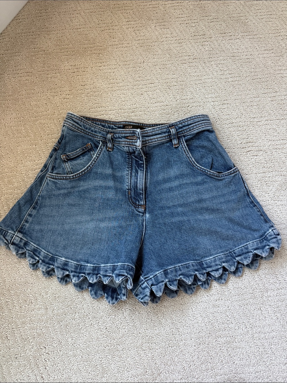Maje Blue Scallop-Hem Denim Shorts